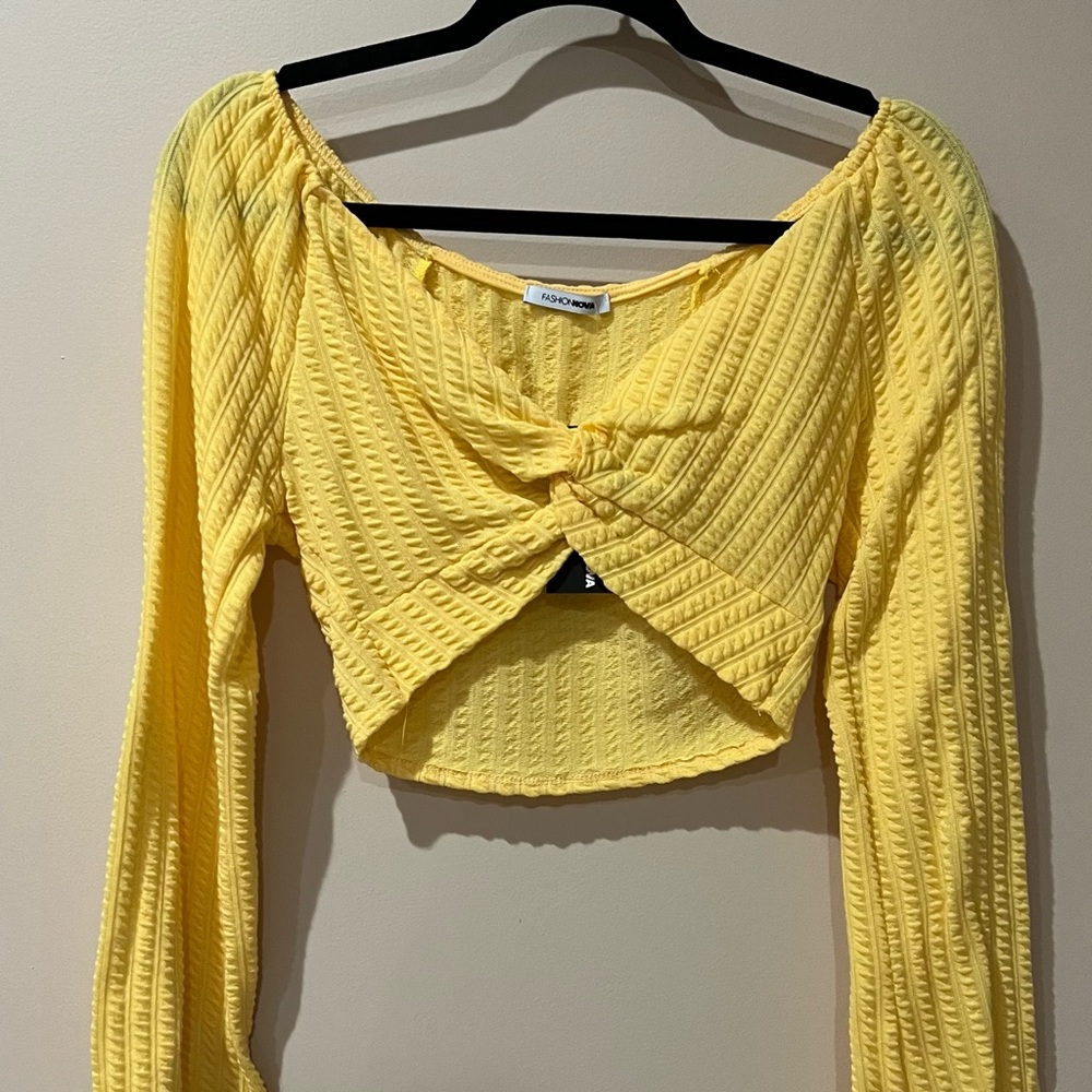 Yellow Waffle Twist Front Crop Top